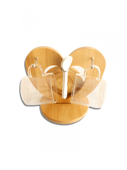 Wooden stand in the shape of a heart with 2 cups, spoons and plates