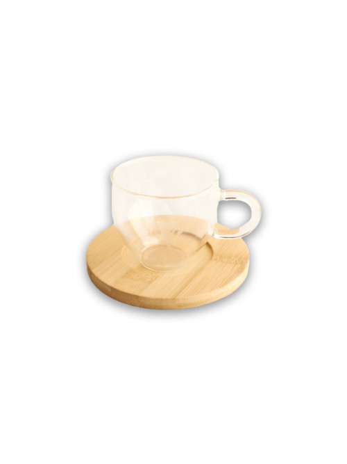Set of 6 clear glass tea cups with wooden saucers
