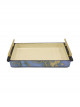 A modern serving tray in blue marble with golden handles