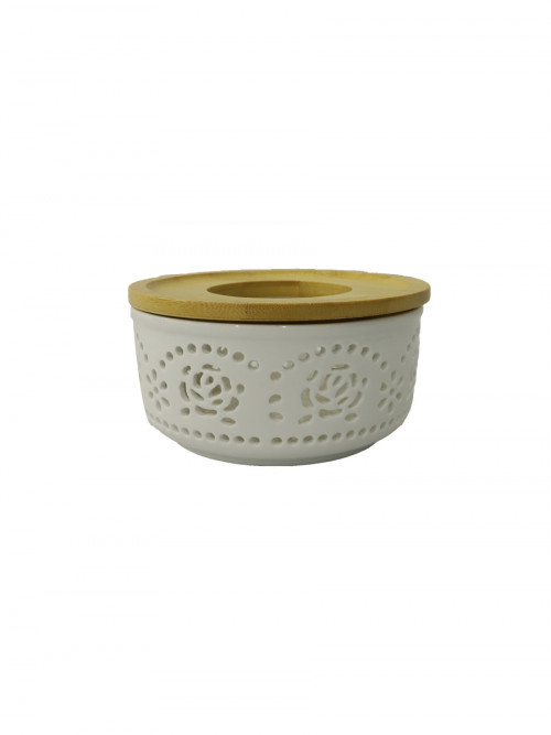 White ceramic heating base with wooden surface Size: 14 * 7 cm