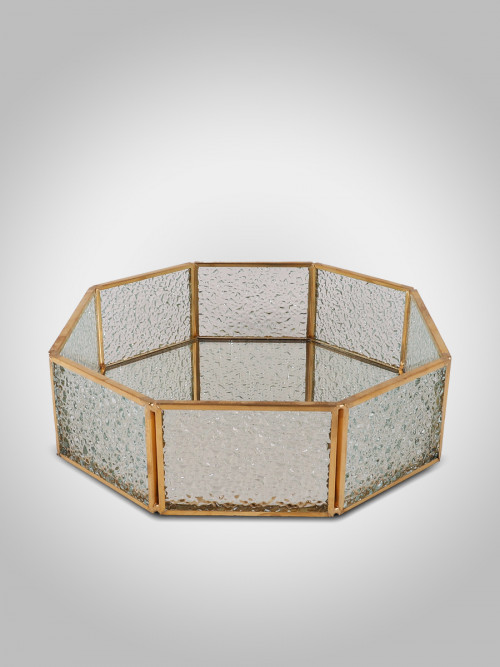 Tray octagonal shape frosted glass with metal edges gold color Size: 18*21*5 cm