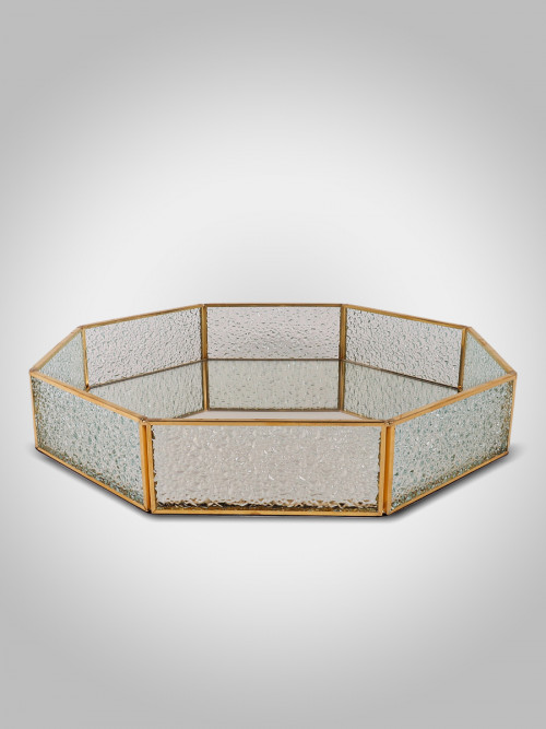 Hexagonal Tray Ice Glass Metal Edge Gold Color Size: 29*5 cm