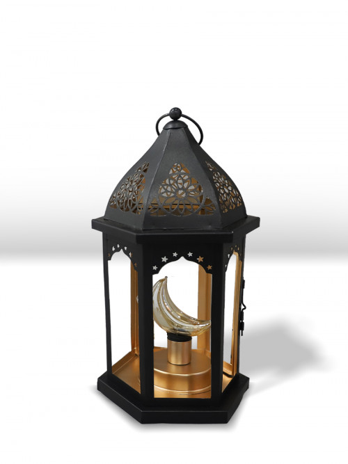 Black hexagonal metal lantern with a crescent-shaped lamp 19 * 34 cm