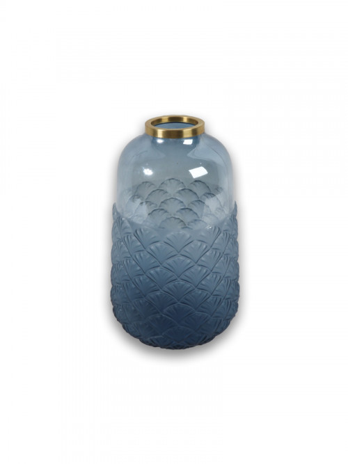 A blue glass vase with a golden frame, size 28 * 17 cm