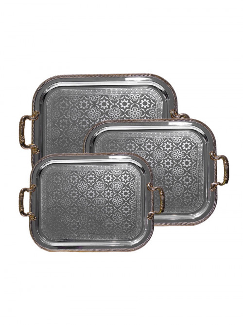3-piece tray set, steel, with modern patterns and golden frame
