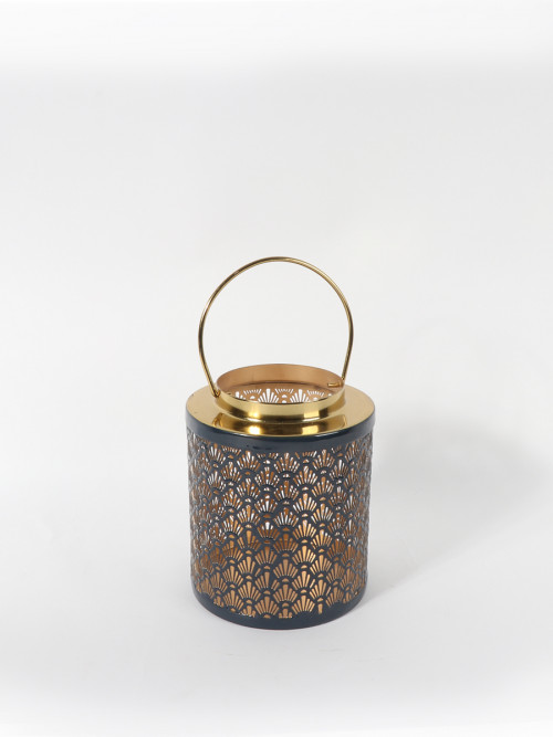 Lantern for candle holder metal navy blue with golden edges 15*19 cm