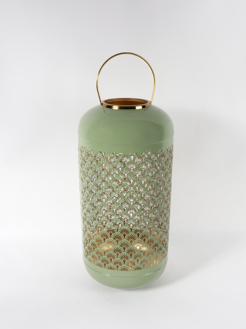 Lantern for candle holder green metal with golden edges 23*51 cm