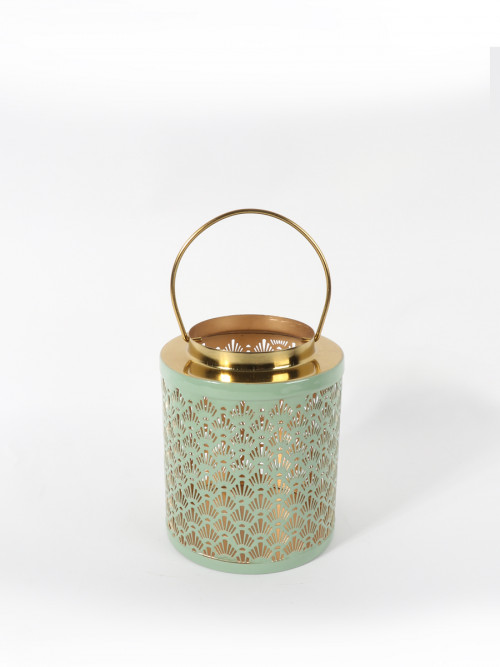 Lantern for candle holder green metal with golden edges 15 * 19 cm