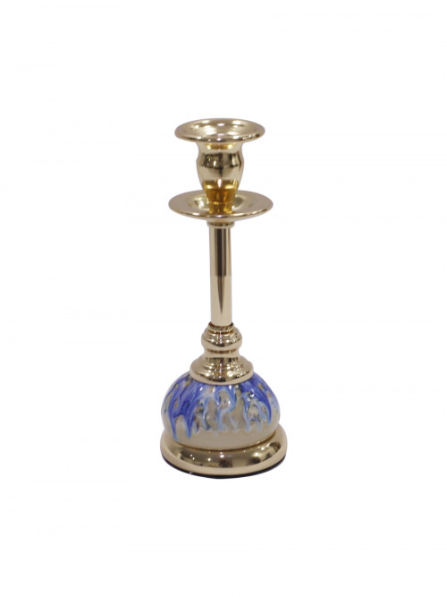 Metal candlestick inlaid with ceramic in blue color