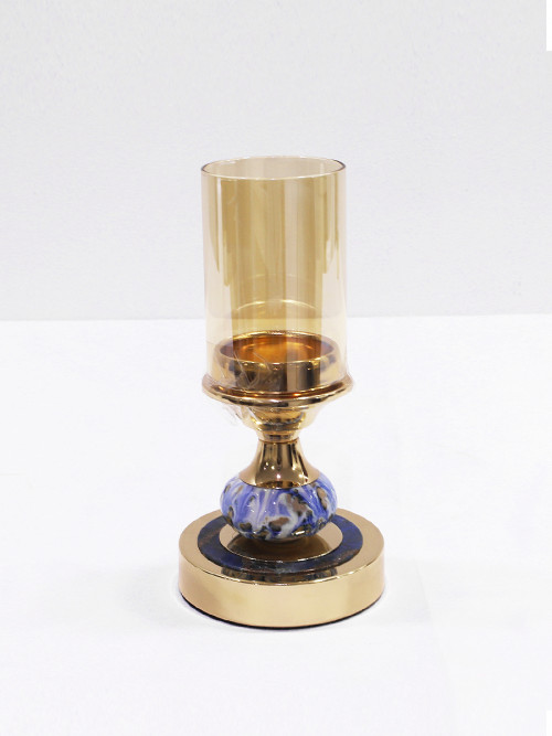Metal candlestick inlaid with ceramic in blue color