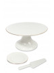 White ceramic plate for dessert with base, 6 plates and cake spoon