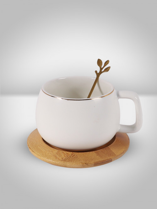 Black ceramic mug with golden rims and wooden saucer 9 * 7 cm