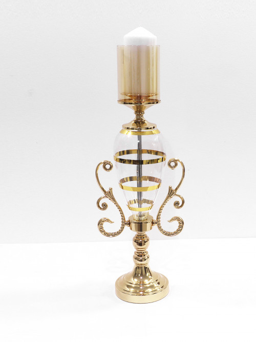 Glass candle holder with a golden metal base,  and glass cover 55 cm