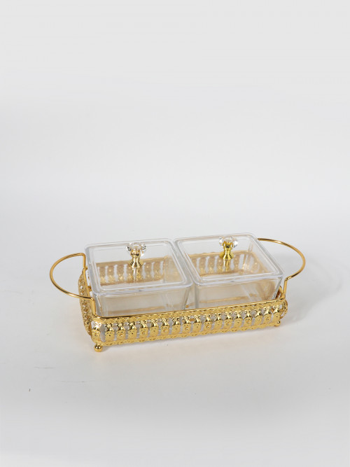 Glass serving set with acrylic lid 2 pieces with golden stand