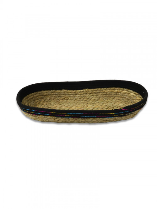 Round bamboo tabasi in 2 sizes with black fabric edges with colored stripes