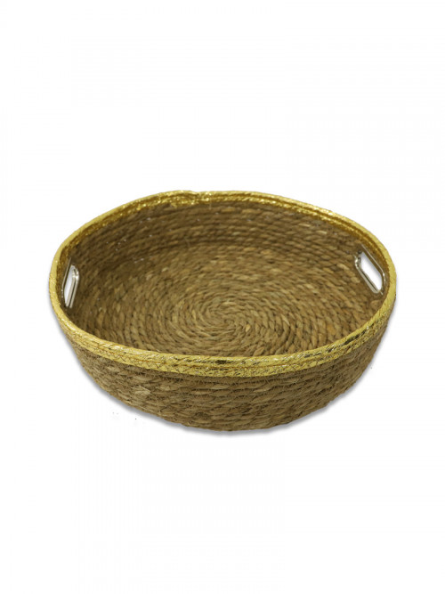 Round bamboo tray with 3 dishes, golden color, size: 32 * 8 cm