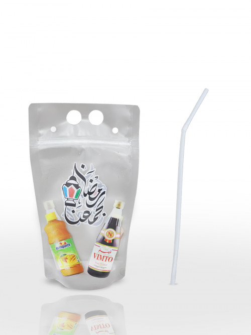 A set of sealed transparent juice bags with the words Ramadan brings us together 8 pieces 13 * 23 cm