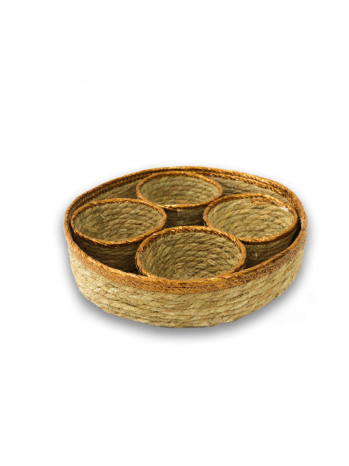 Round bamboo tray with 4 dishes, yellow color, size: 35 * 8 cm