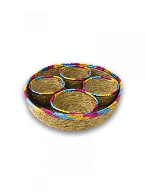 Round bamboo tray with 4 dishes with colored edges, size: 35 * 8 cm