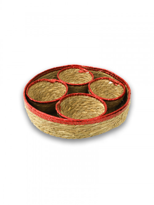 Round bamboo tray with 4 dishes, red color, size: 35 * 8 cm