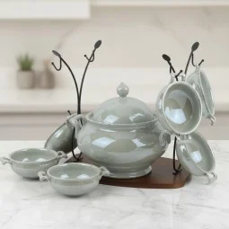طقم شوربة سيراميك فاخر مع حامل خشب - 9 قطع -2S1MM100322	