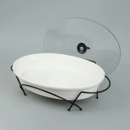 Premium oval ceramic serving warmer with glass lid - 16 inches