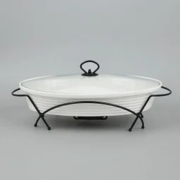 Premium oval ceramic serving warmer with glass lid - 16 inches