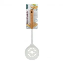 Silicone Ladle Spoon, Perforated, Wooden Handle - Beige