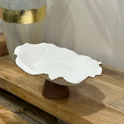 Ceramic serving plate with wooden base/oval