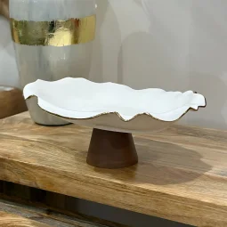 Ceramic serving plate with wooden base/oval