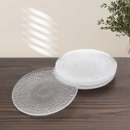 6-Piece Glass Dessert Plate Set with Metal Stand - Silver - 15 x 15 cm