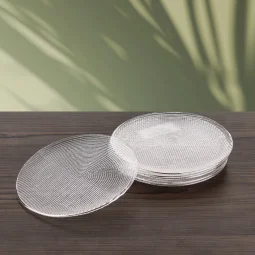 Glass dessert plate set with brown wooden stand - 6 pieces - 15 cm