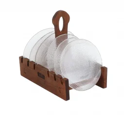 Glass dessert plate set with brown wooden stand - 6 pieces - 15 cm