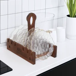 Elegant glass dessert plate set with brown wooden stand / 6 pieces - 15 cm
