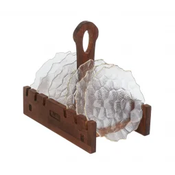 Elegant glass dessert plate set with brown wooden stand / 6 pieces - 15 cm