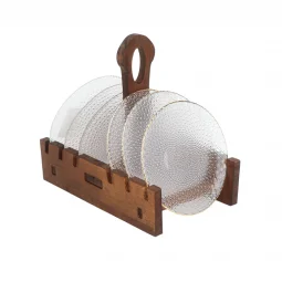 Elegant glass dessert plate set with brown wooden stand - 6 pieces / 15 cm