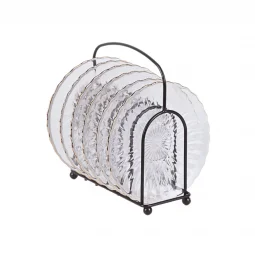 A set of 6-piece glass dessert plates with metal stand/black