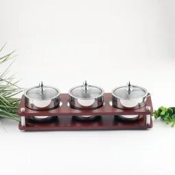 علب سكريات خشب استيل  - 3 خانة - 12*34 سم