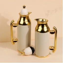 طقم ترامس قهوة وشاي بتصميم مميز - بيج - سعة 1 لتر + 0.7 لتر -ضغاط - 2G1BB200162