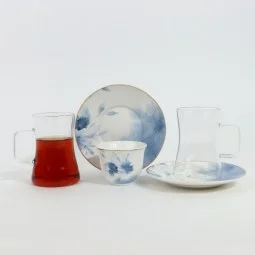 Luxury Blue Floral Pattern Porcelain and Glass Tea and Coffee Set with Gold Rim - 36 Pieces