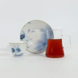 Luxury Blue Floral Pattern Porcelain and Glass Tea and Coffee Set with Gold Rim - 36 Pieces