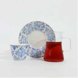 Luxury Blue Floral Pattern Porcelain and Glass Tea and Coffee Set with Gold Rim - 36 Pieces