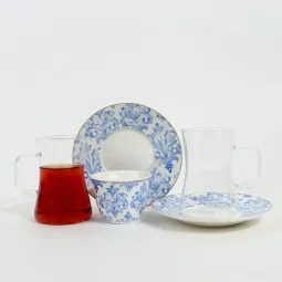 Luxury Blue Floral Pattern Porcelain and Glass Tea and Coffee Set with Gold Rim - 36 Pieces