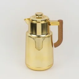 Matte Gold Thermos Flask with Wooden Handle - 1 Liter