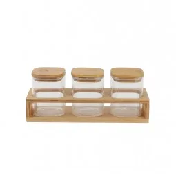 3-piece glass spice box set with wooden stand