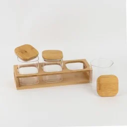 3-piece glass spice box set with wooden stand