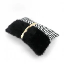 Luxury decorative pillow with a plaid pattern and fur, rectangular shape