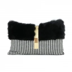 Luxury decorative pillow with a plaid pattern and fur, rectangular shape