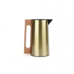 Modern design stainless steel thermos, golden color, with a handle and wooden finish, capacity 0.6 liters