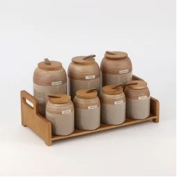 7-Piece Ceramic Spice Jar Set with Wooden Stand - 2SS1-R01-012